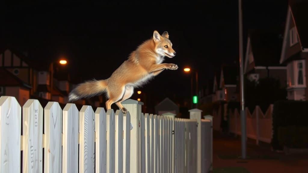 Fox Leaping Over Fence on Suburban Street at Night
