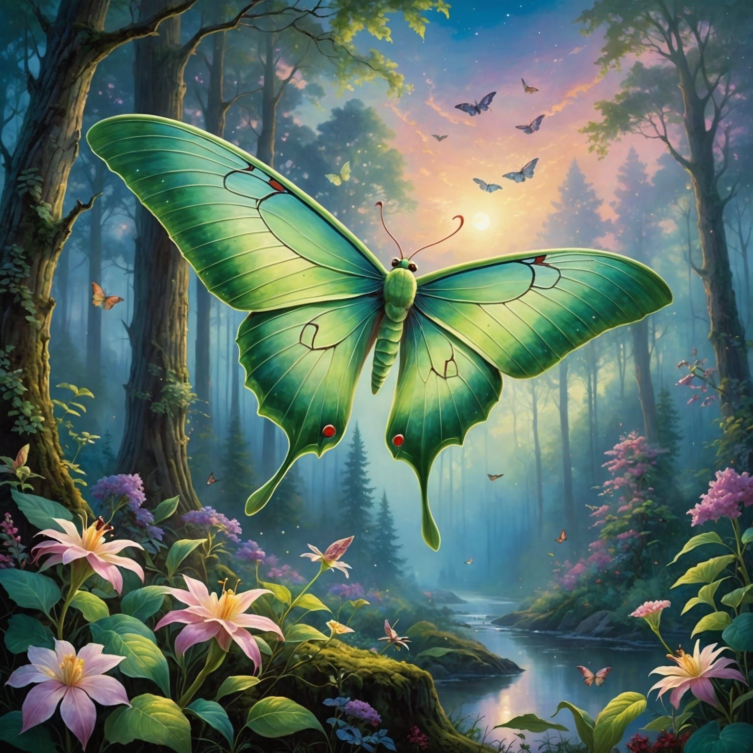 Ethereal Luna Moth in Majestic Forest, Fantasy Art