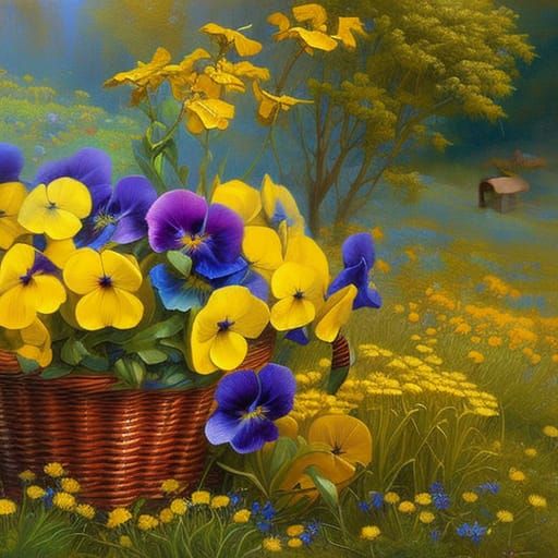 Basket of Pansies: Hyperdetailed Oil Painting