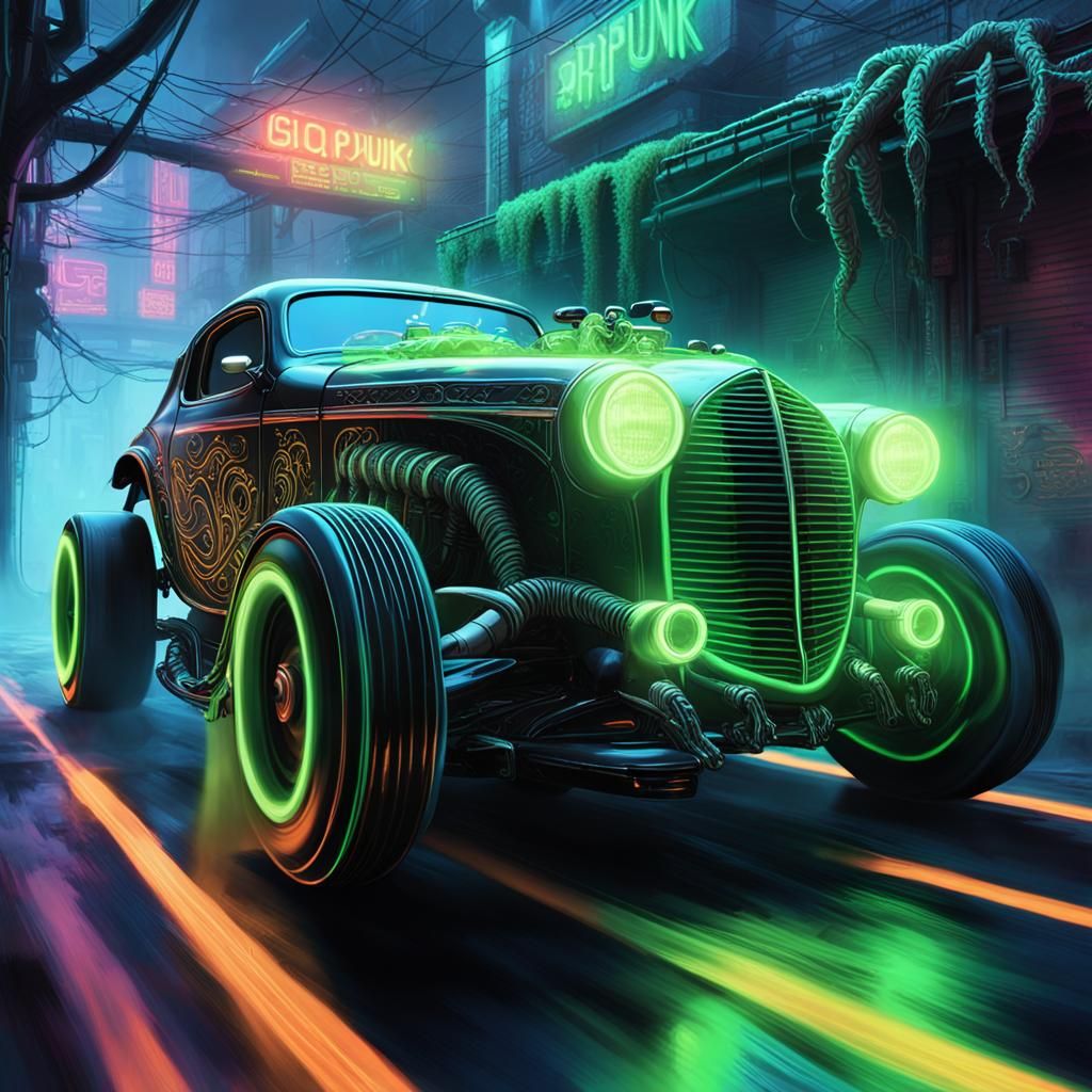Biopunk Hotrod Speeds Through Neon Alley