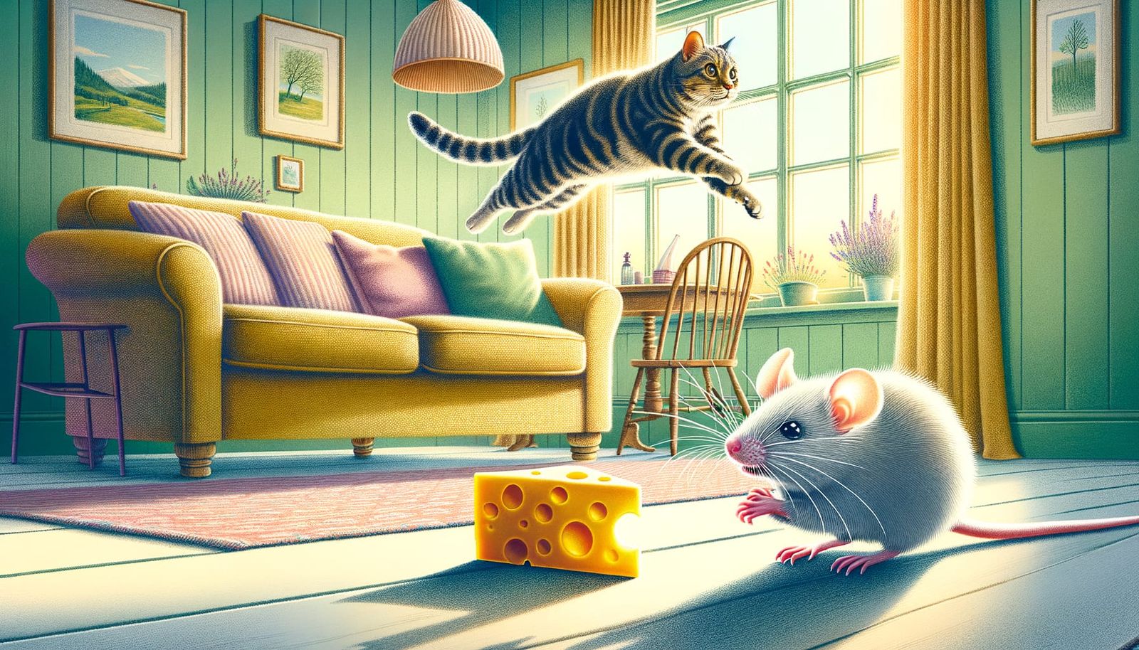 Cat and Mouse Chase in Bright Living Room