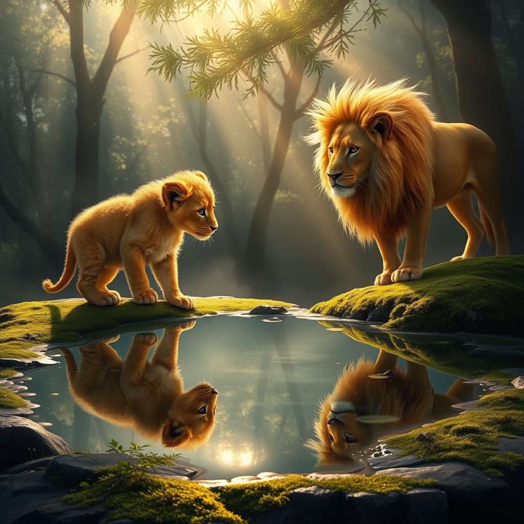 Golden Lion Cub Contemplates Future Majesty in Enchanted For...