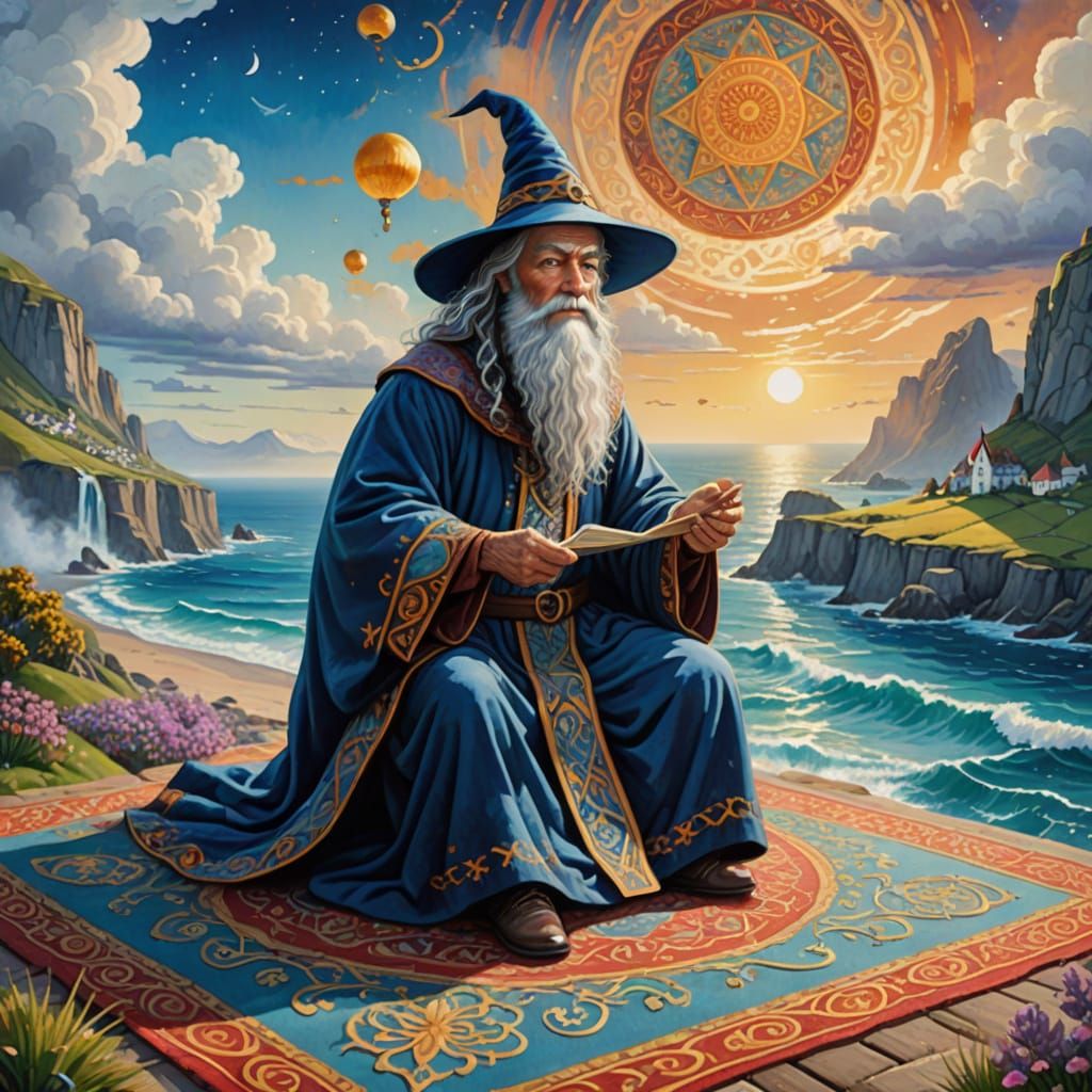 Whimsical Wizard Soars Above the Blue Sea in a Gouache Paint...