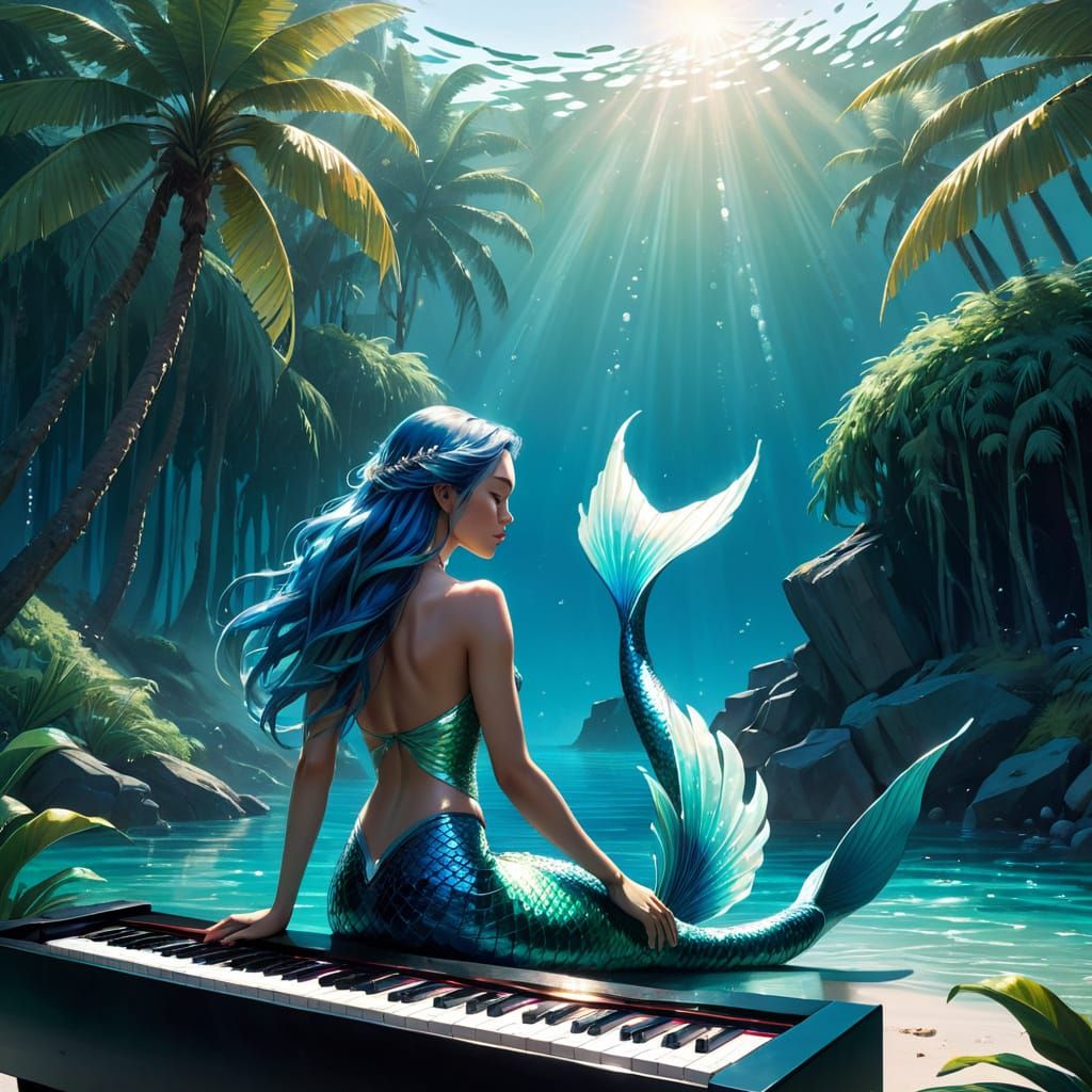 Mermaid Plays Majestic Piano on Sun-Kissed Beach in Hyper-Re...