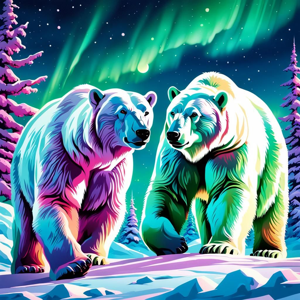 Polar Bears Under Aurora Borealis in Hyperrealistic Arctic L...