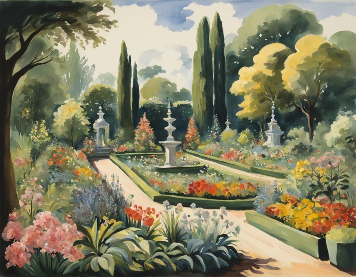 Vibrant Garden Scene in Traditional German Style