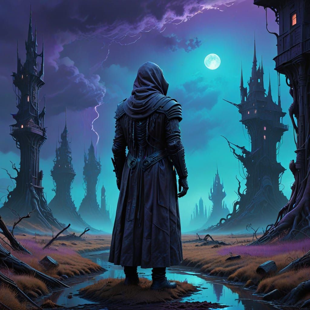 Mystical Metropolis at Dusk in Dark Cyberpunk Style