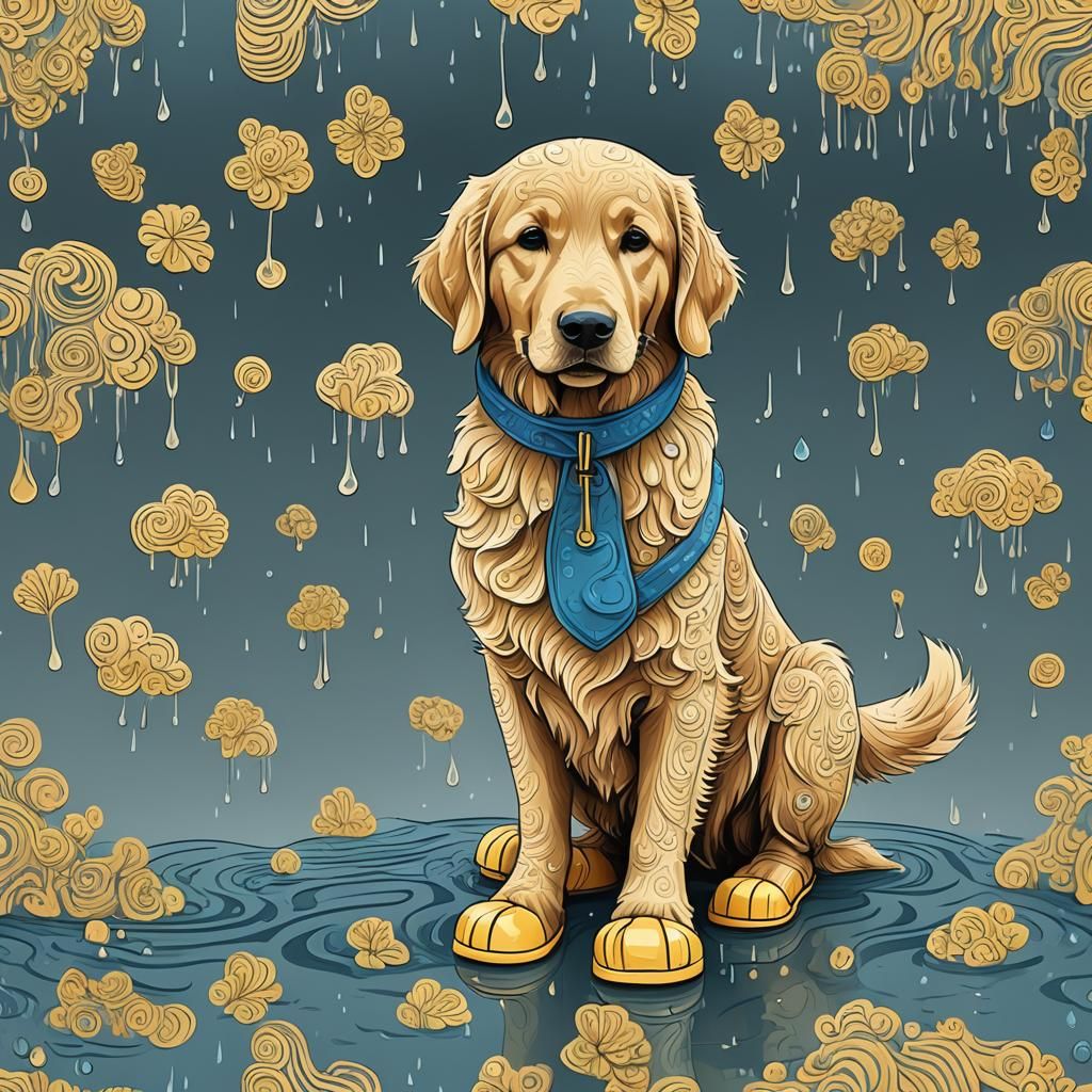 Golden Retriever in Rain Boots with Abstract Fractals