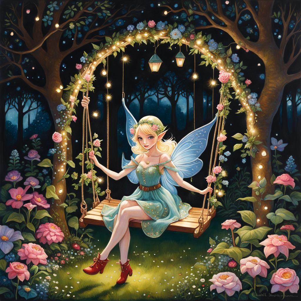 Fantasy Elf on Flower Swing in Gouache Style