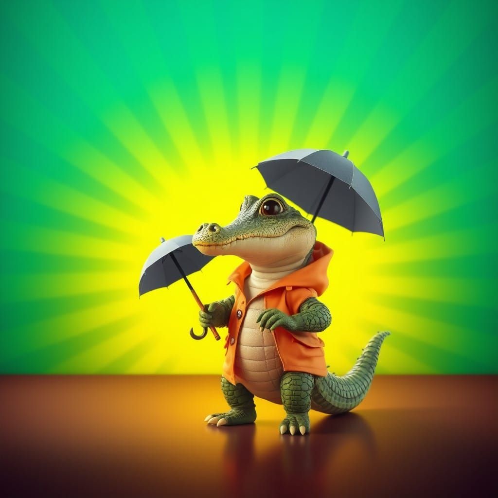 Surreal Baby Crocodile Embarks on Rainy Day Adventure in Vib...