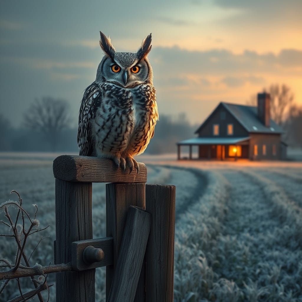 Great Horned Owl in Frosty Cornfield at Twilight