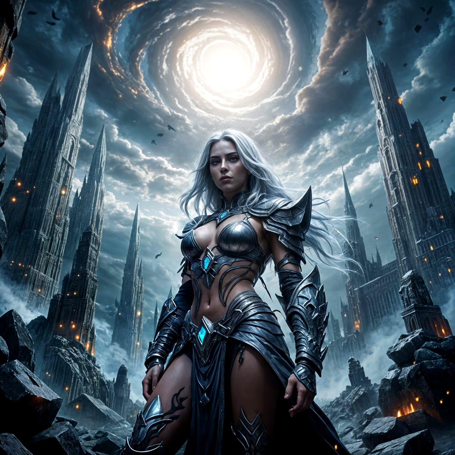 Sorceress on Obsidian Tower Amidst Cosmic Vortex