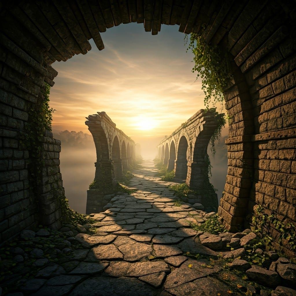 Dilapidated Stone Bridge in Misty Valley, Hyperrealistic Pho...