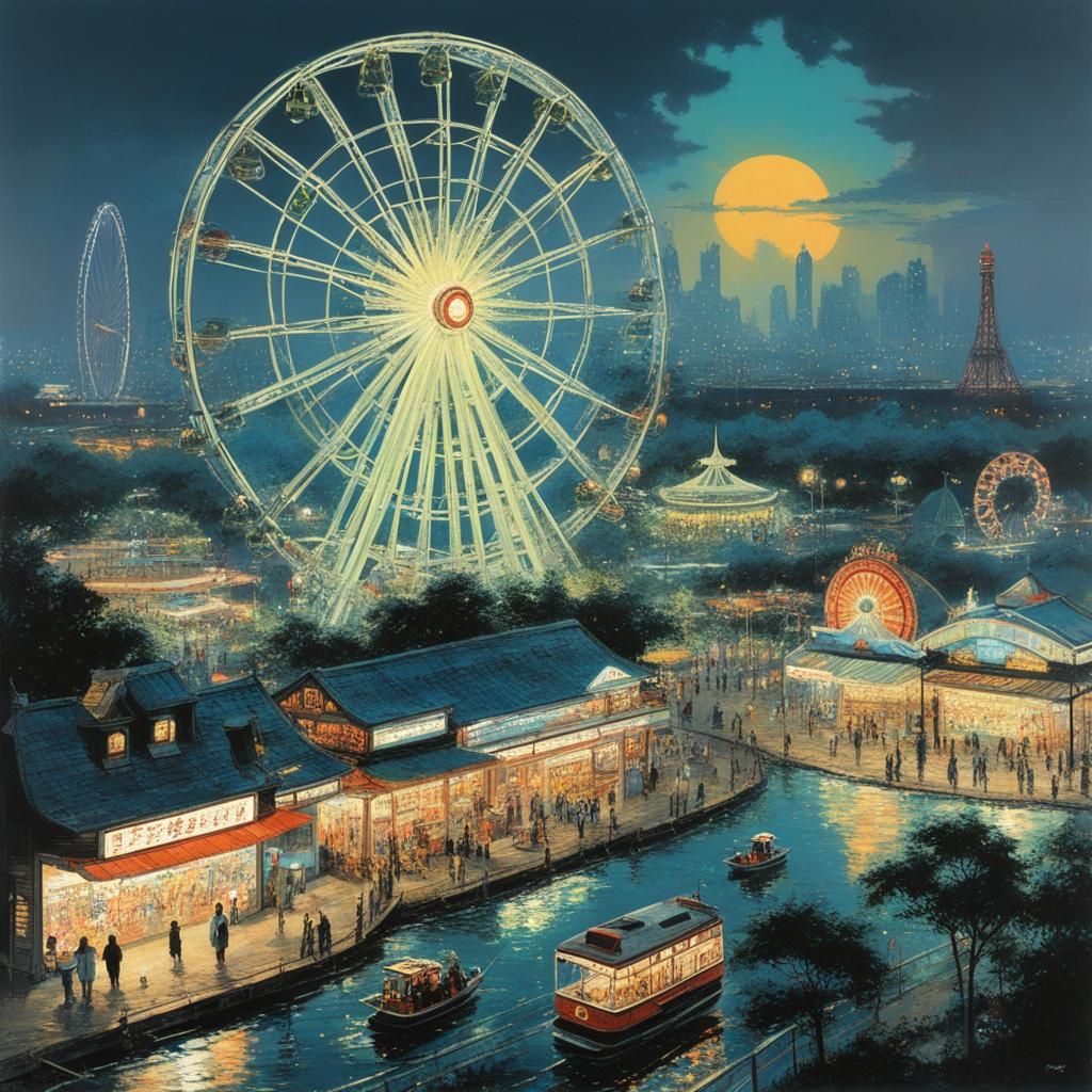 Fluorescent Cityscape Amusement Park Art