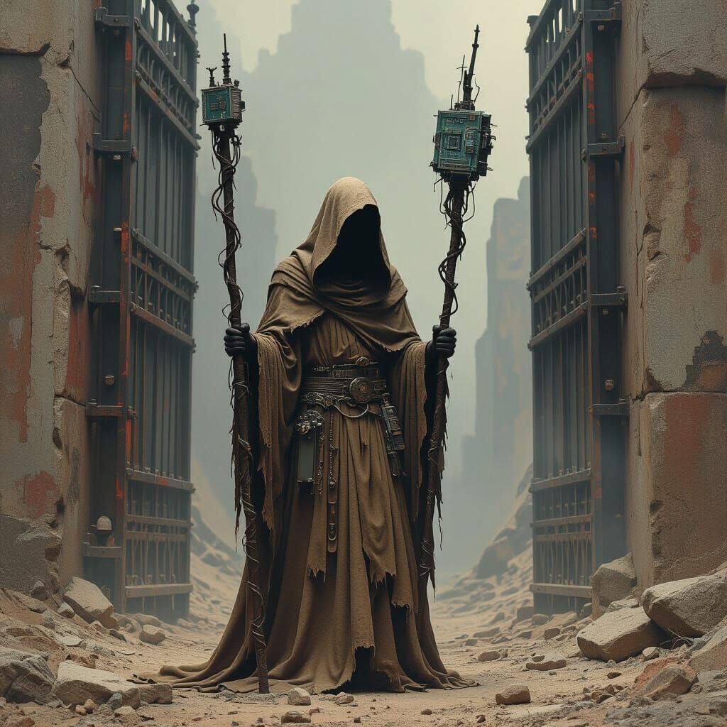 A lone figure stands before a colossal gate made of twisted metal and shadow