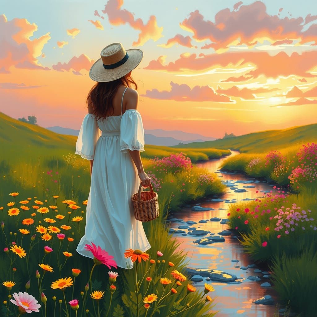 Serene Woman in a Lush Impressionist Meadow