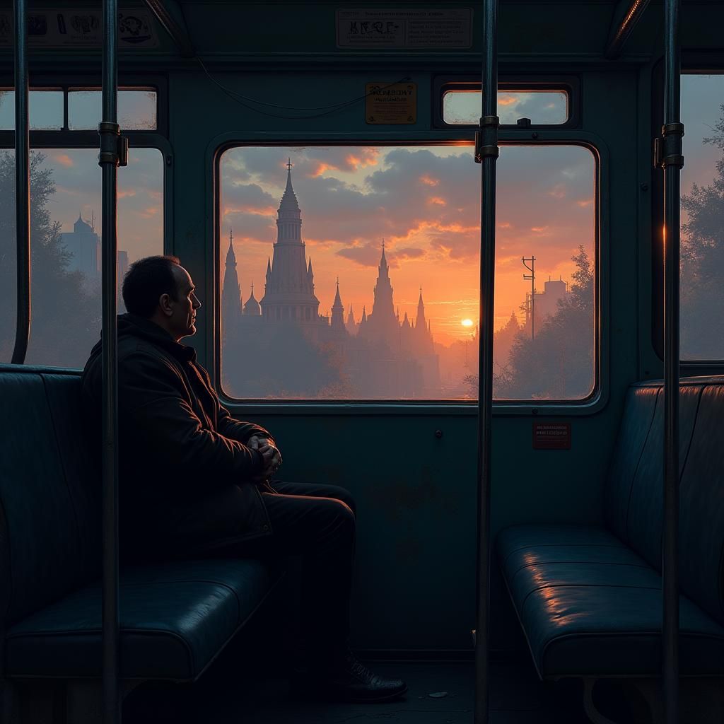 Weary Commuter on Bus at Dusk: Matte Painting