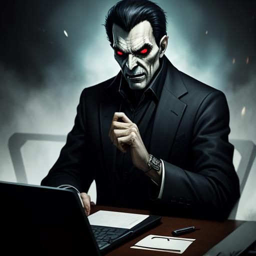 Sinister Downvoter at Computer: Dark Fantasy Art