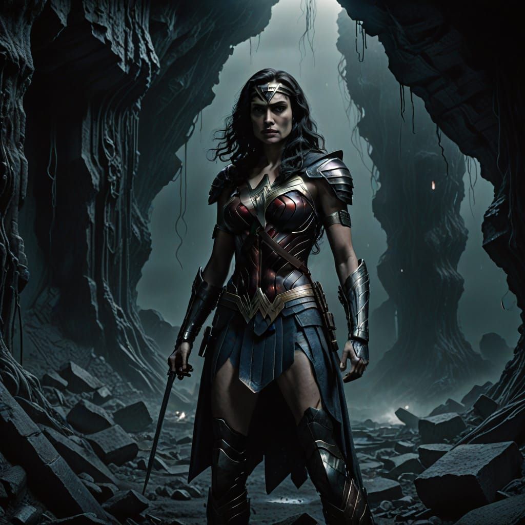 Biomechanical Wonder Woman in Dark Surrealism