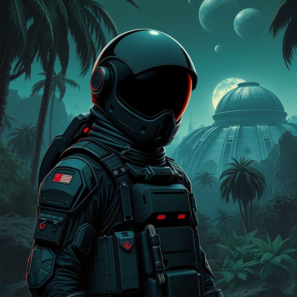 Cyberpunk Astronaut in Dark Fantasy Jungle