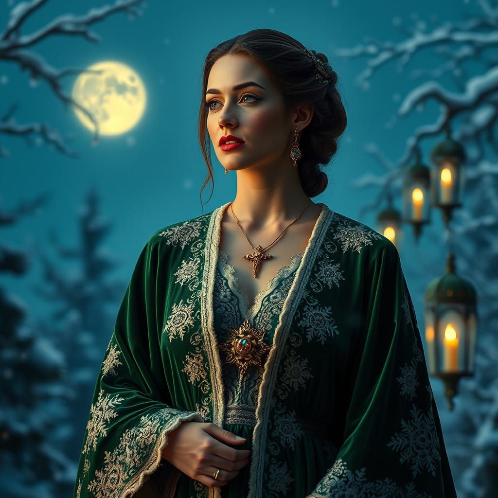 Regal Woman in Emerald Green Velvet Robes Embodies Silent Ni...
