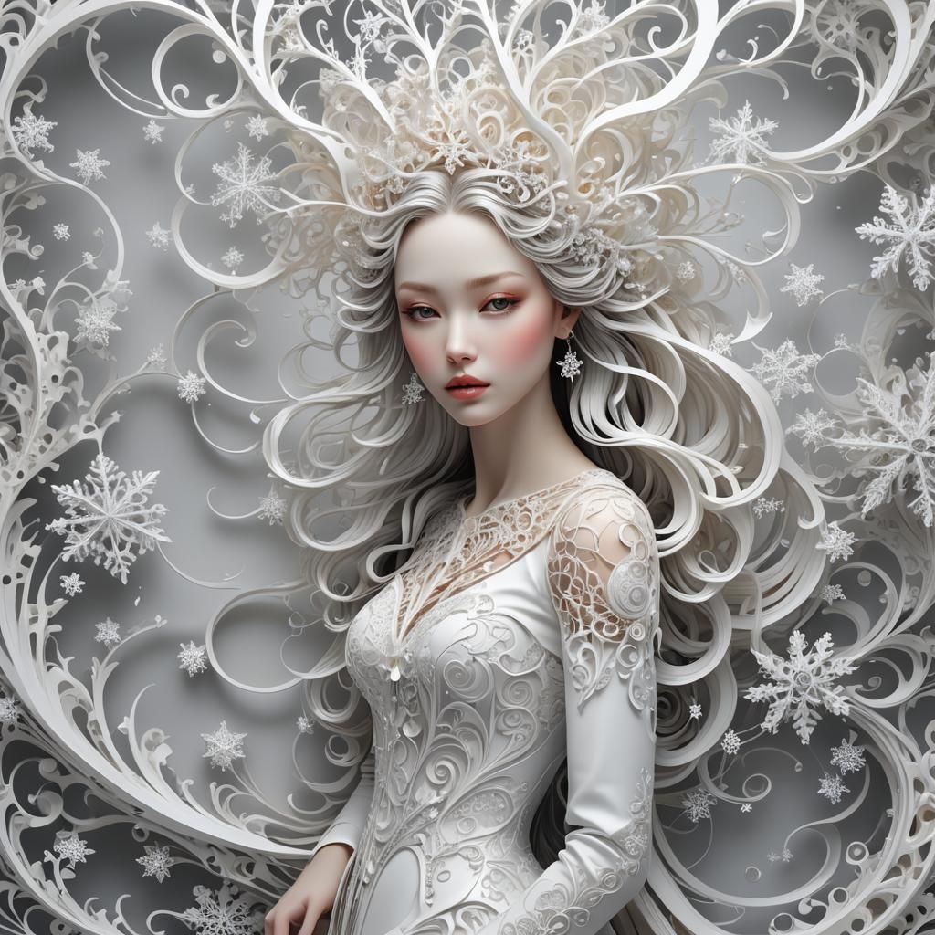 Ethereal 3D Woman in White with Snowflakes