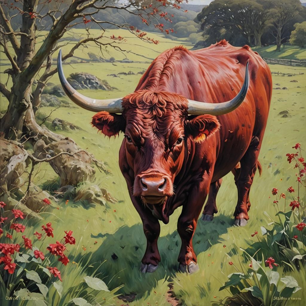 Majestic Red Devon Bull in Oil Painting