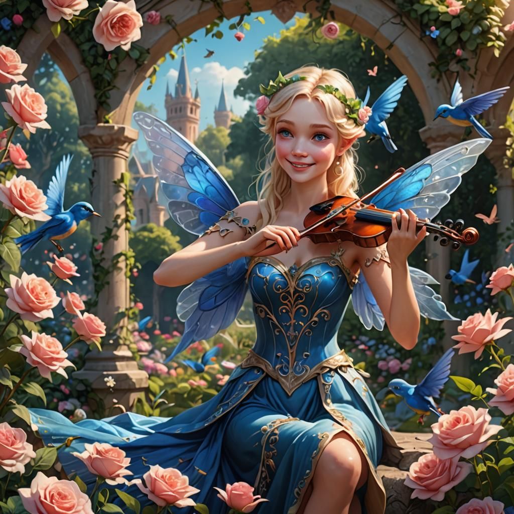 Lovely Blond Fairy Playing Flute in Rose Garden