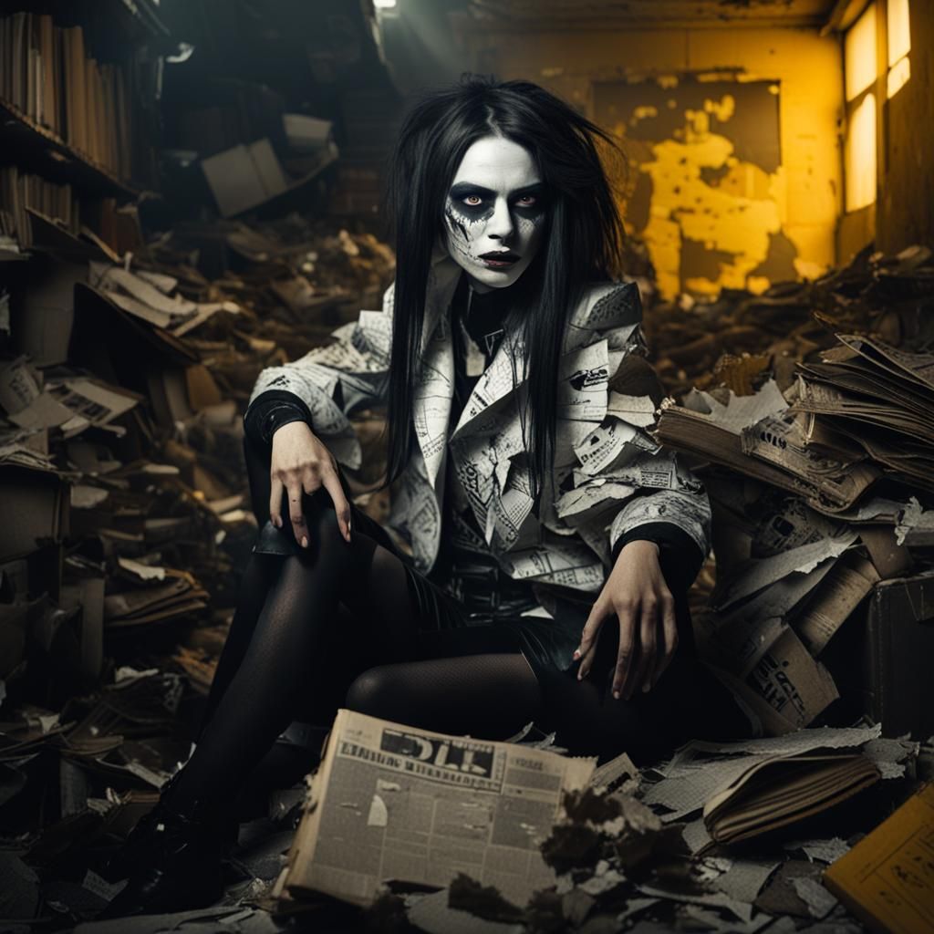 Goth Fashion Model Amidst Decaying Chaos