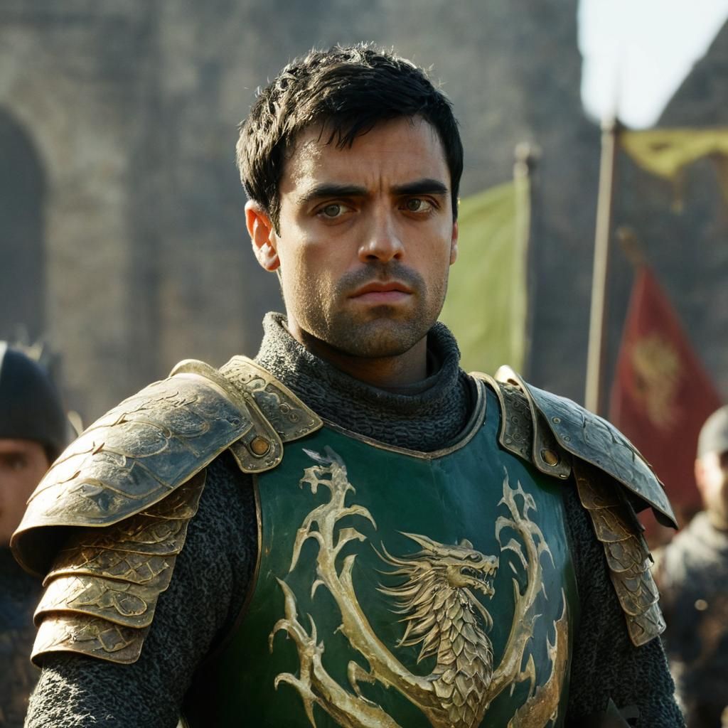 Knight in Green Armor with Golden Dragon Emblem