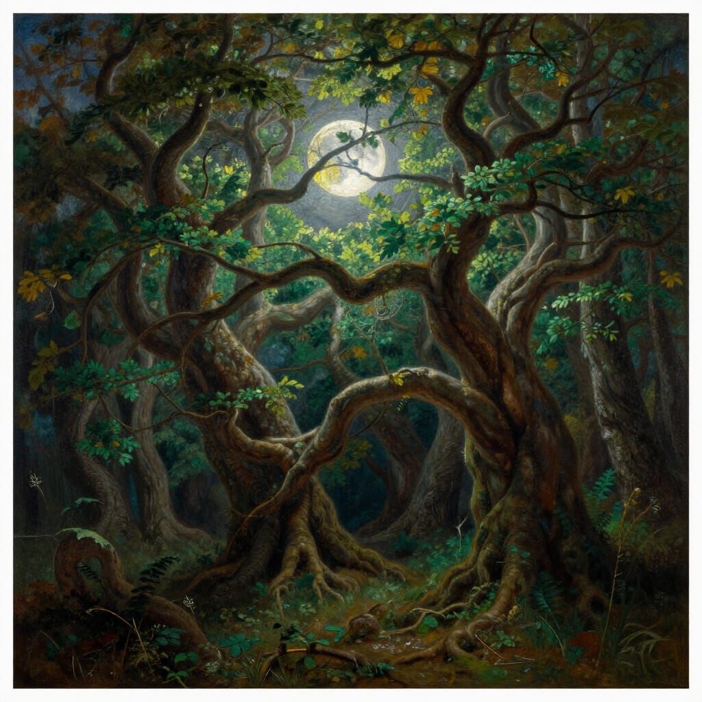 Mystical Tree Battle in Romantic Oil Painting Style