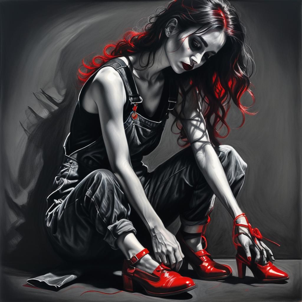 Goth Girl in Overalls: Charcoal Drawing with Red Heels