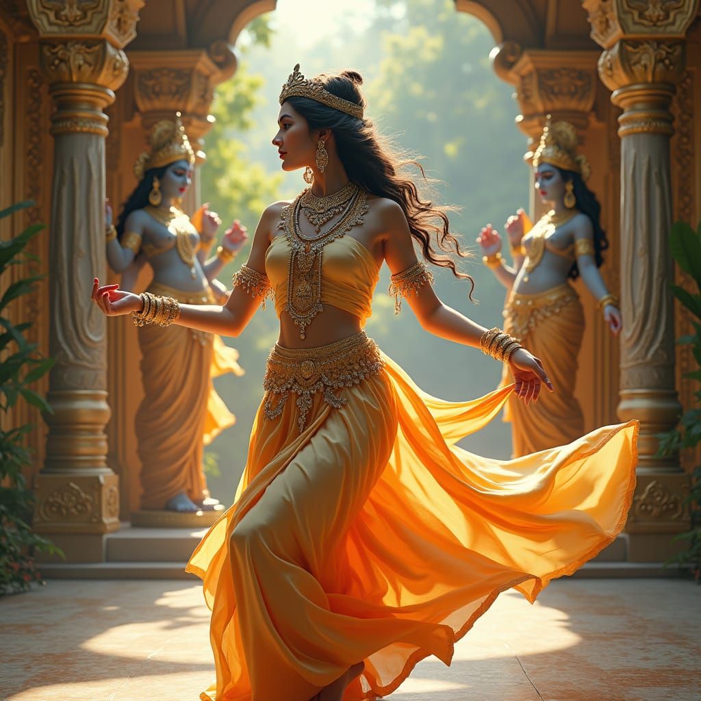 Graceful Dancer in Ornate Temple: Matte Painting Style
