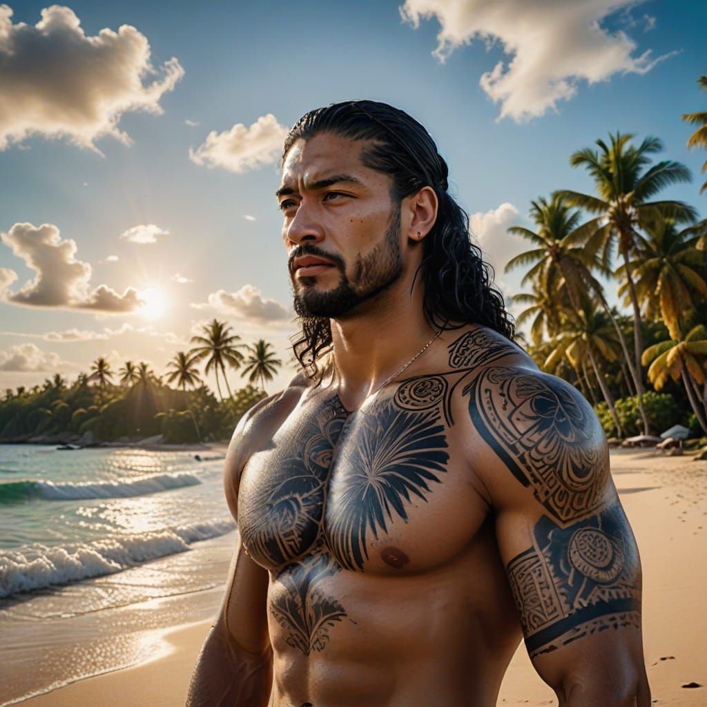 Hyper-Realistic Portrait of Roman Reigns on a Tropical Beach