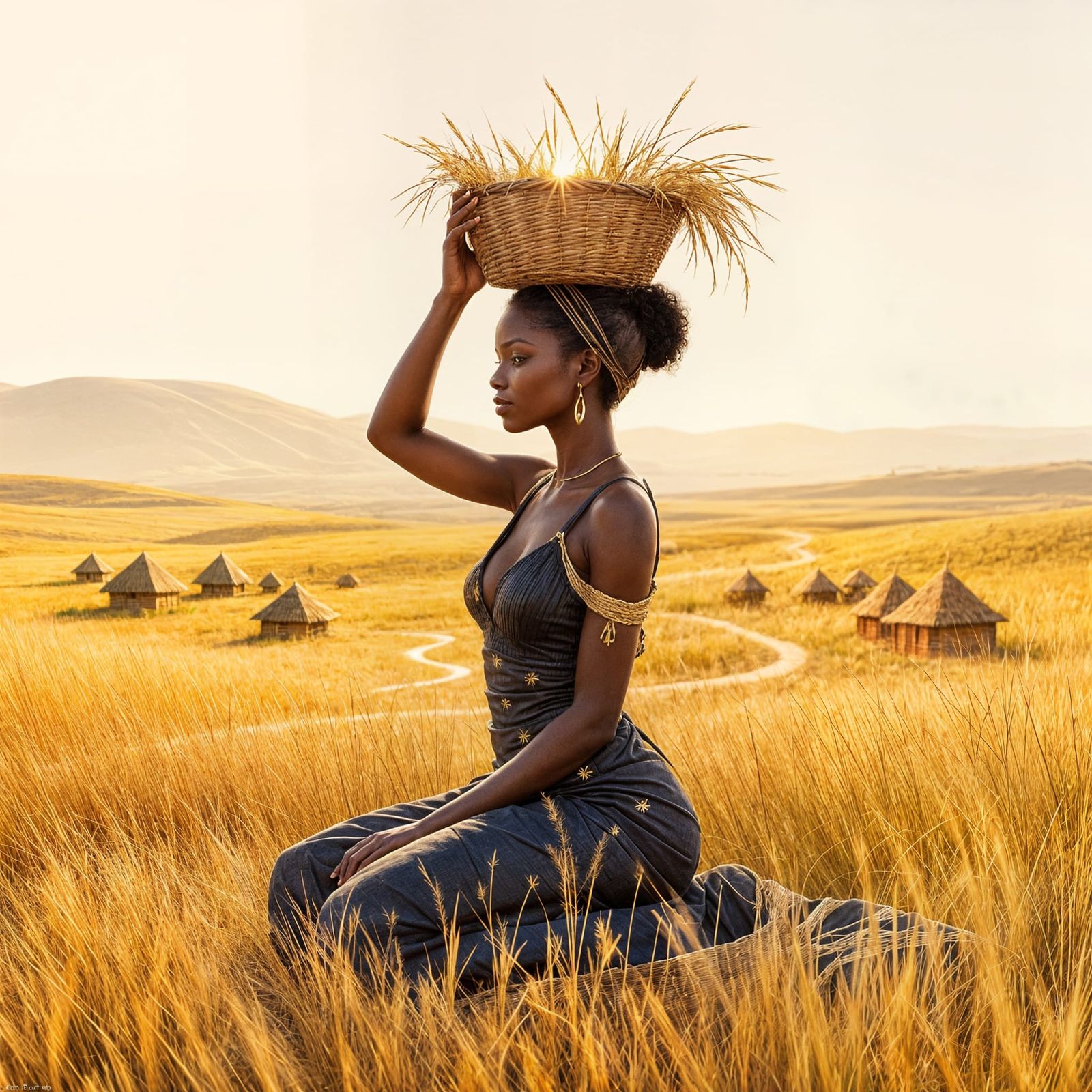 Black Woman in Golden Savannah, Wakanda City Within