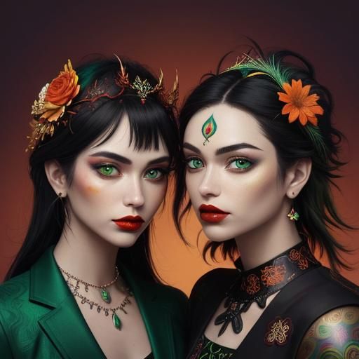 Two Women in Candy Art Style, Peacock Feathers