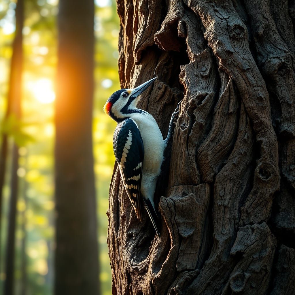 Stunning Woodpecker Perched on Gnarled Tree Trunk