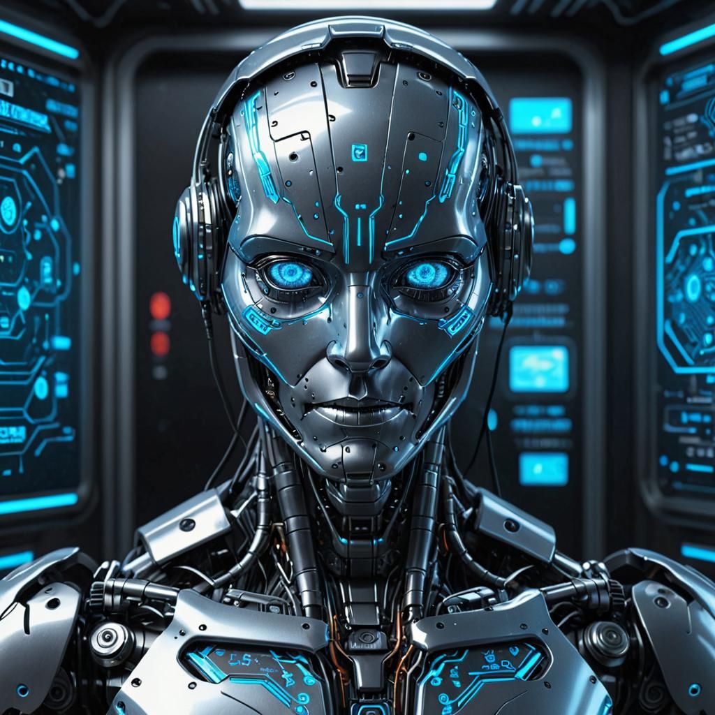 Hyper-Realistic Robot with Glowing Neon Eyes