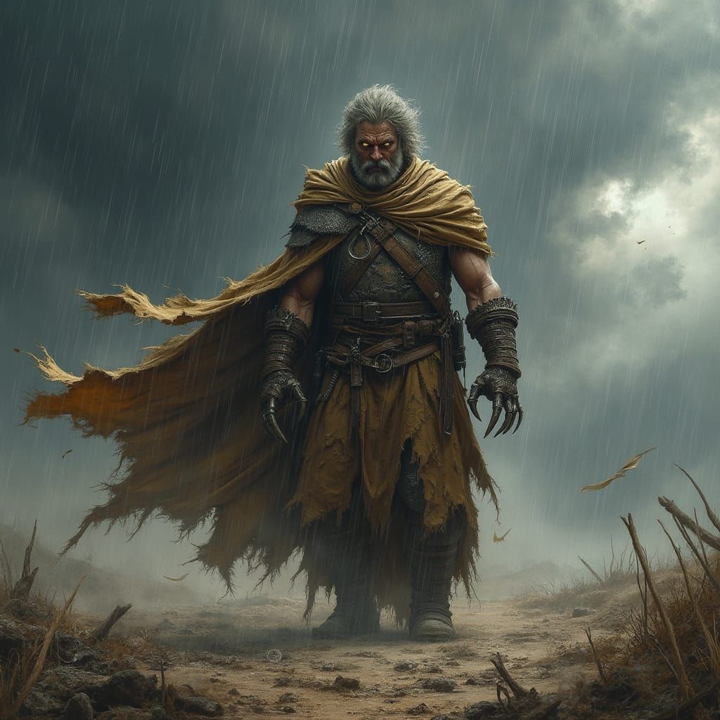 Warrior in Turbulent Post-Apocalyptic Landscape