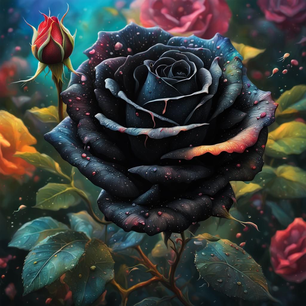 Hyperrealistic Black Rose in Honeysuckle Garden