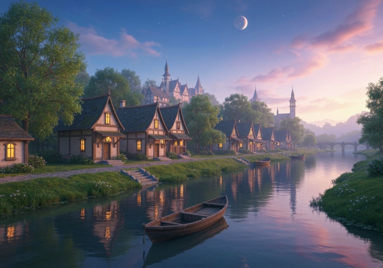 Picturesque Village Boathouses in Dreamy Watercolor Painting