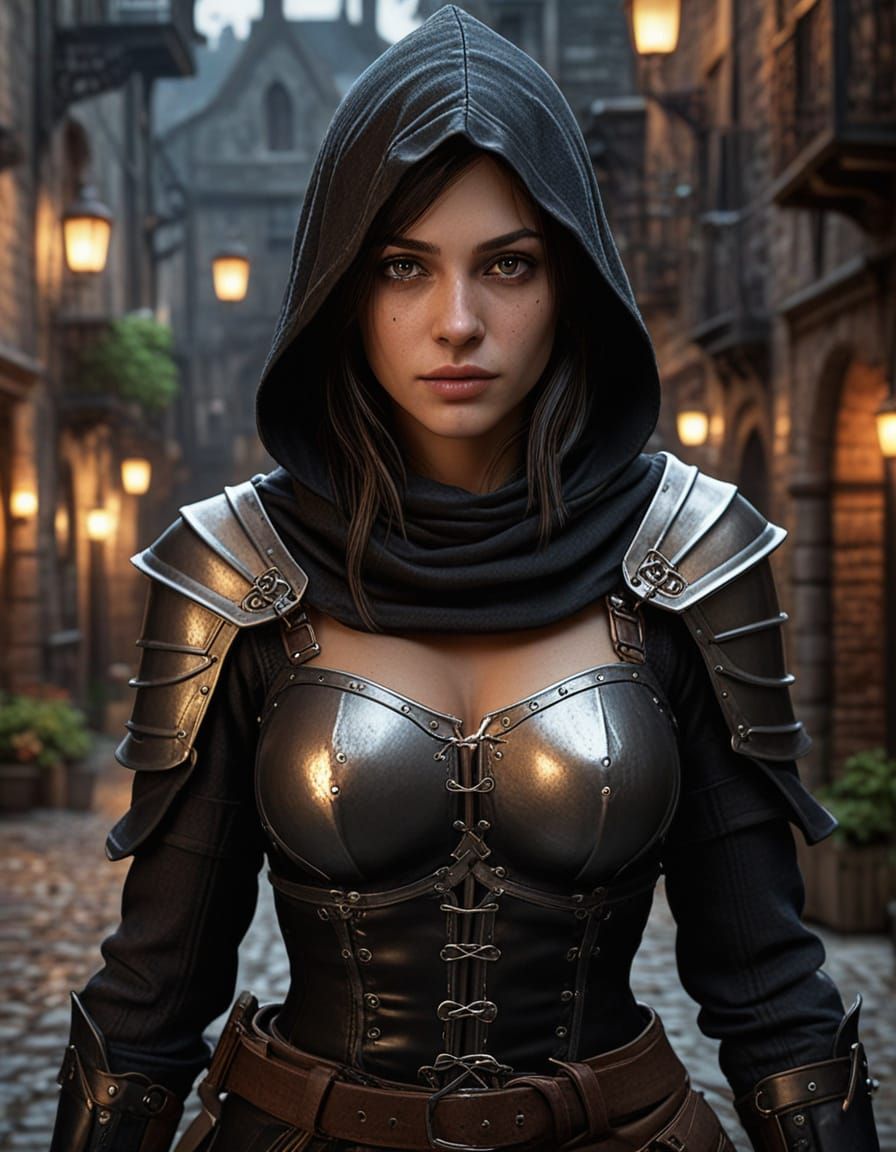 Beautiful Female Rogue in Medieval Fantasy Alley