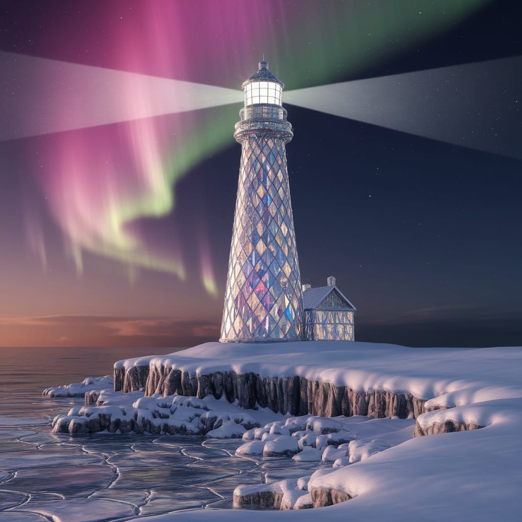 Crystal Lighthouse Bathed in Northern Lights