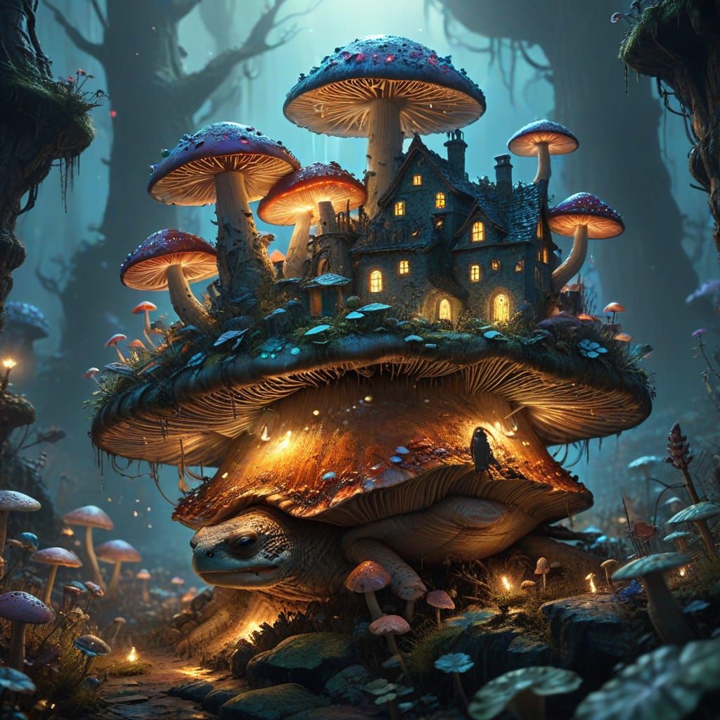 Fantastical City on a Giant Mushroom Turtle