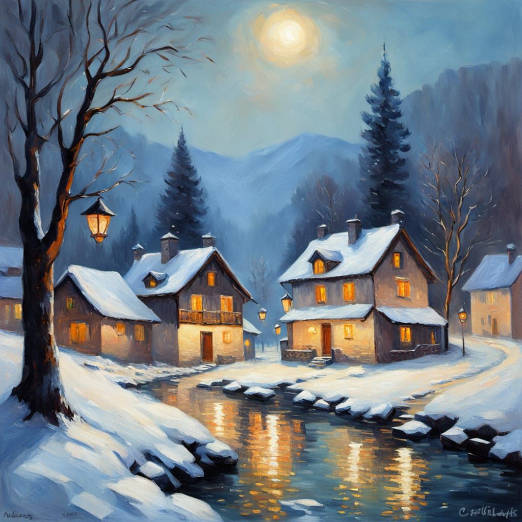 Snowy Alpine Village Aglow with Lanterns at Night