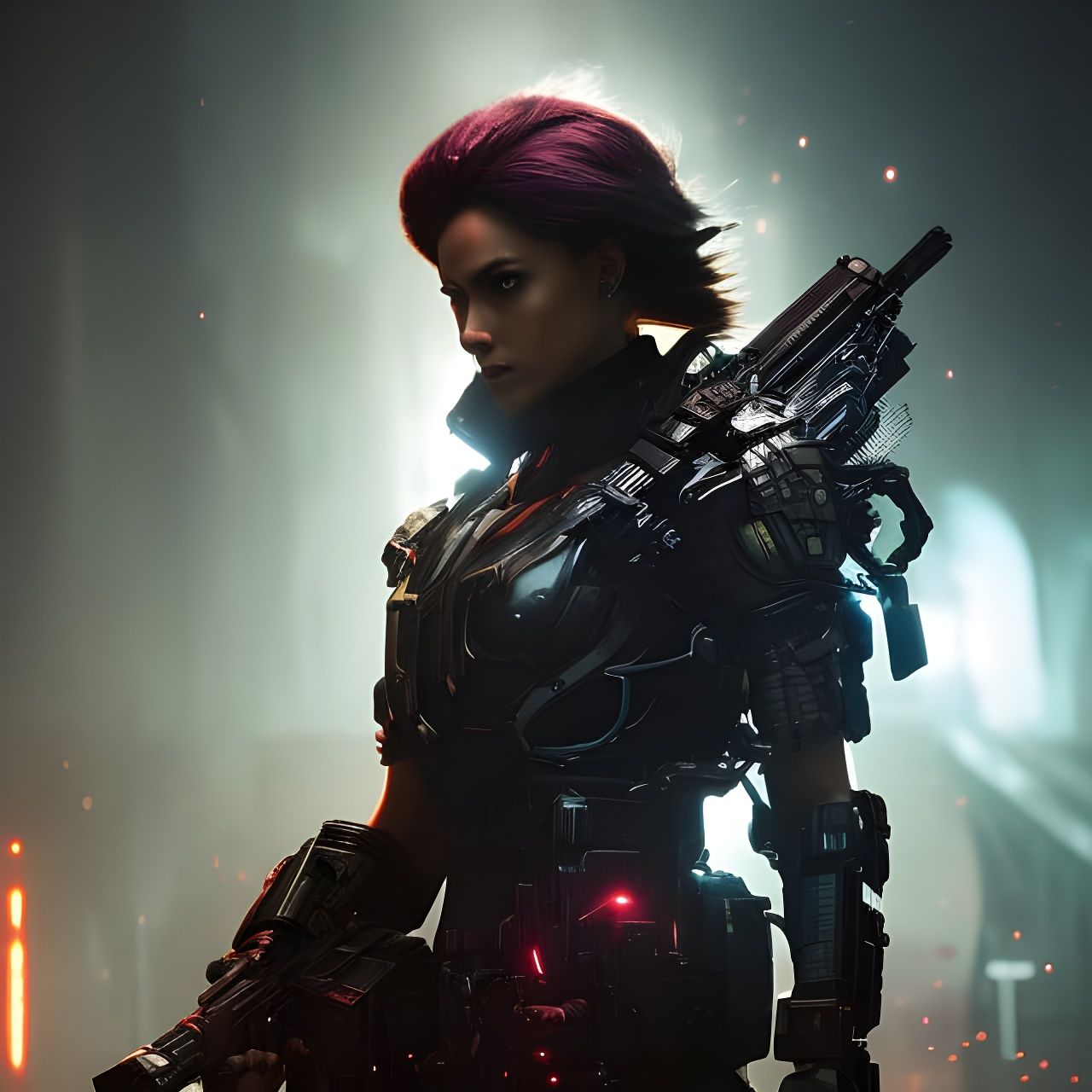 Cyberpunk Mercenary Hiding in Shadow with Glowing Eyes