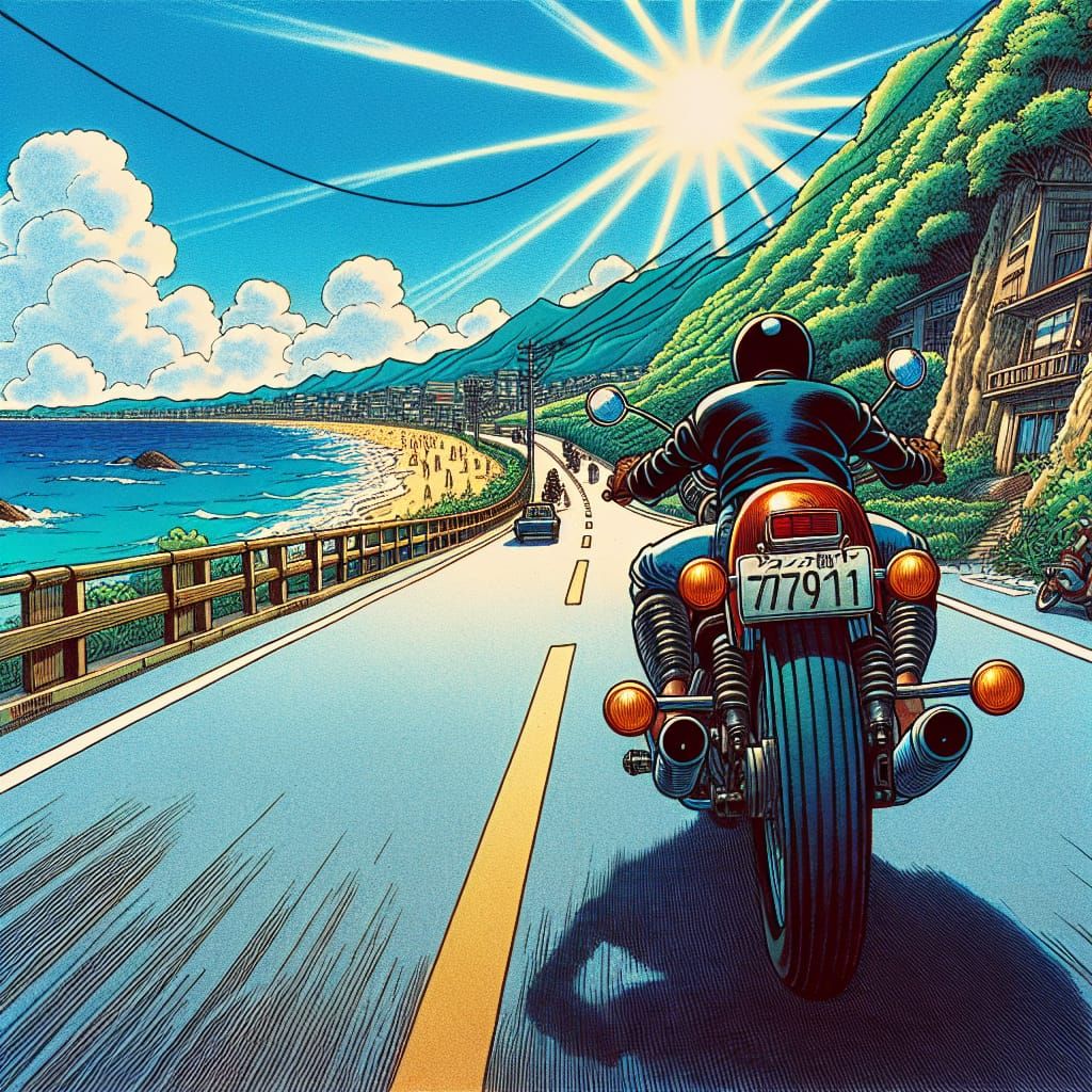 Motorcycle on Beach Road in Anime Style