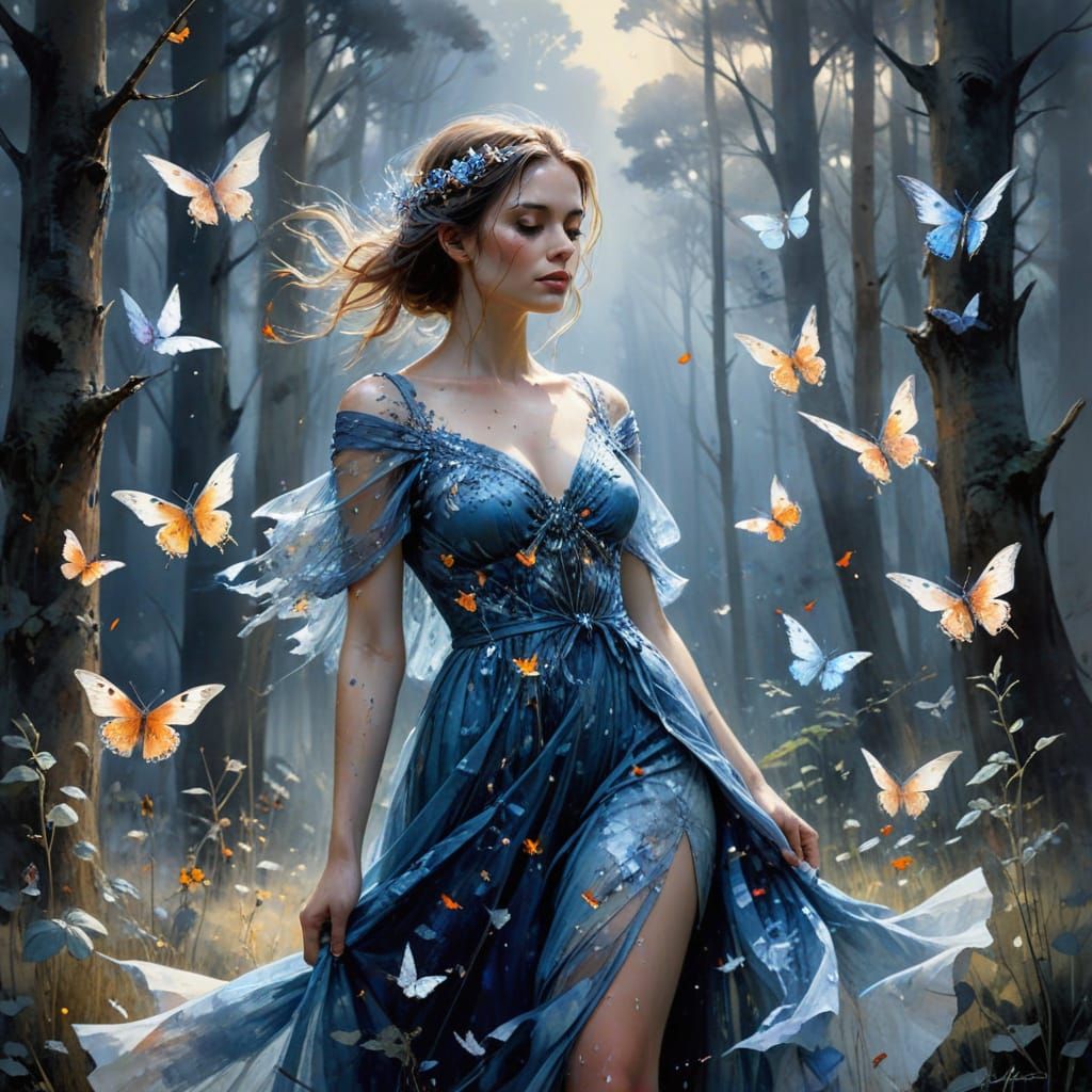 Woman in Blue Gown With Owl and Butterflies
