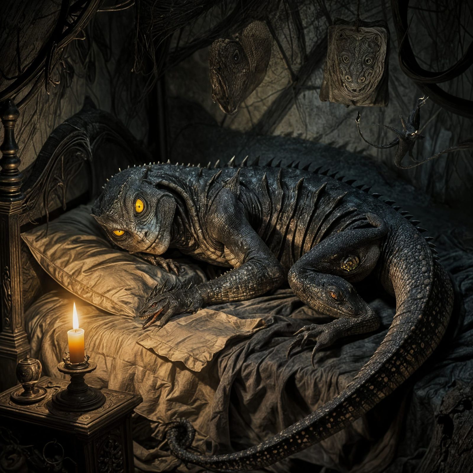 Demonic Lizard Lurks Near Sleeping Poet in Cursed Chamber