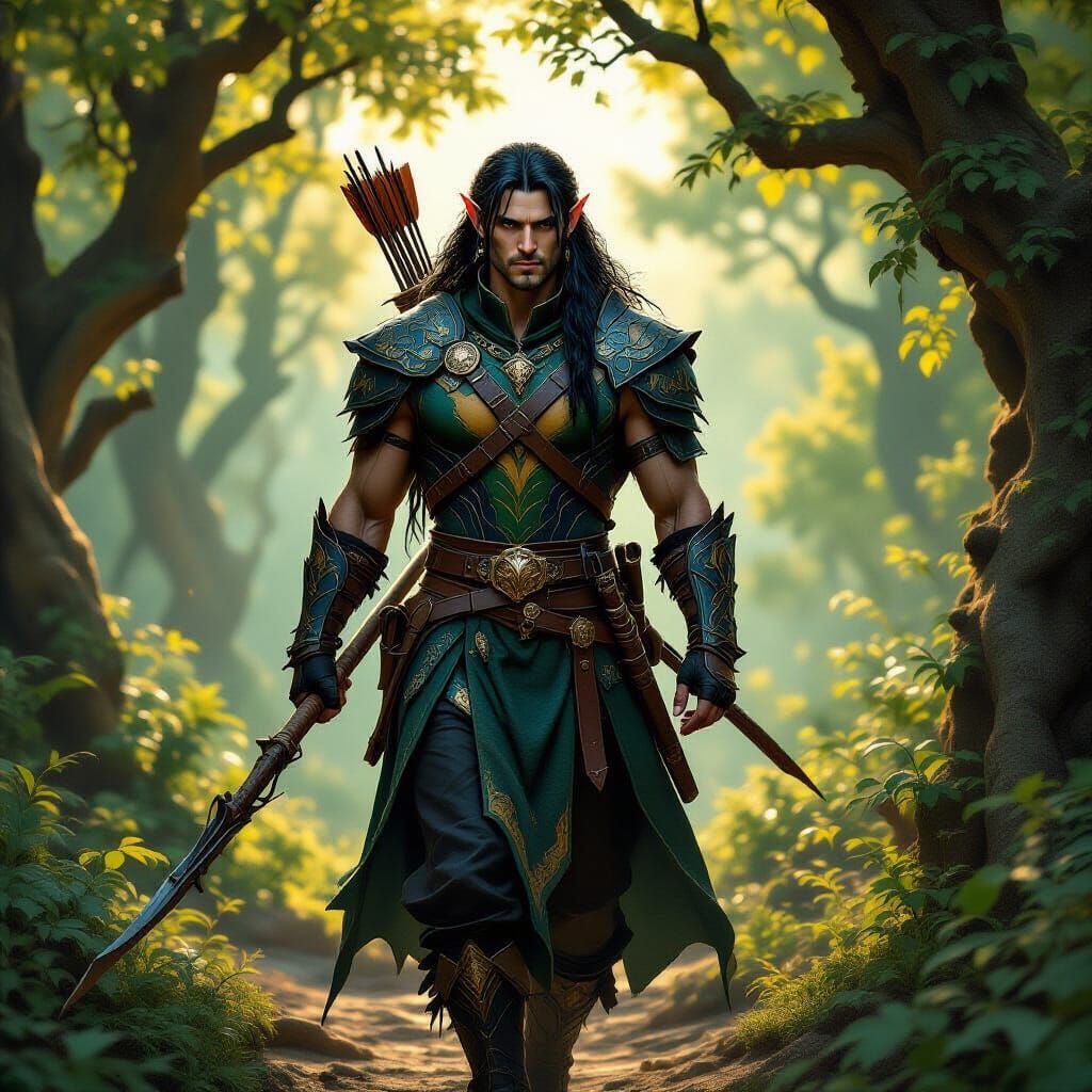 Elven Druid in Colorful Armor with Quarterstaff and Shortbow